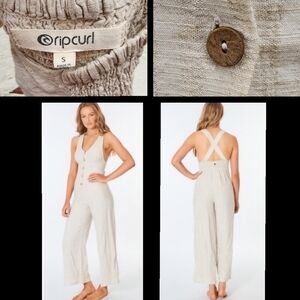 $69 New SMALL Rip Curl Sleeveless Jumpsuit Tan Wide Leg Overall Stripe Button